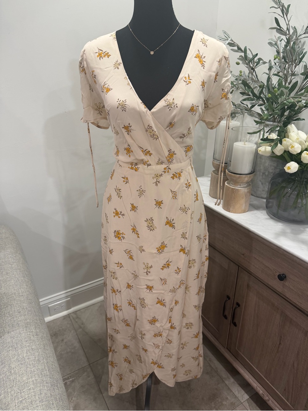 NWT Madewell Cream Midi Wrap Dress with Yellow Floral Print